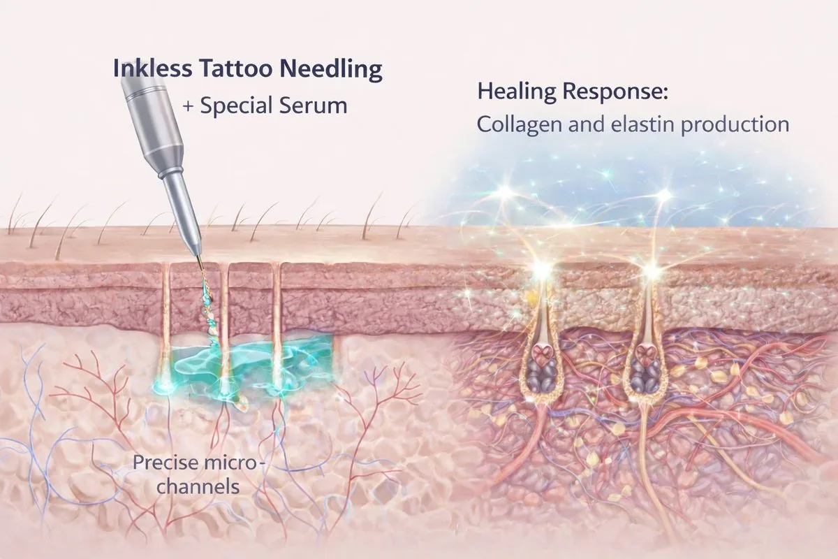 Stretch mark camouflage treatment at SkinAlchemy NYC — inkless technique triggers collagen and elastin production